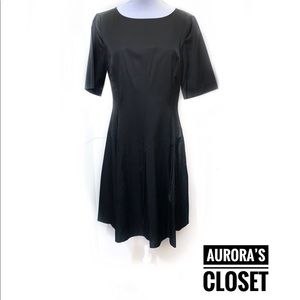St. John 8 Black Sheath Dress Satin Short Sleeve Knee Length Half Sleeve